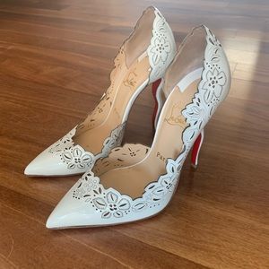 Beloved Laser-Cut Patent Red Sole Pump, White